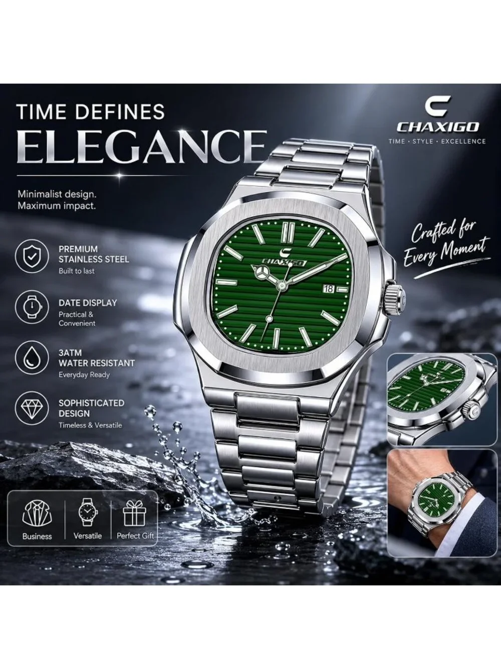 Men's Silver Green Alloy Material Waterproof Quartz Sports Sports Wrist Watches